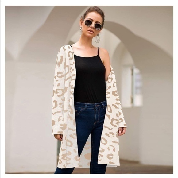 Sweaters - Leopard Print Beige Open Front Cardigan Small